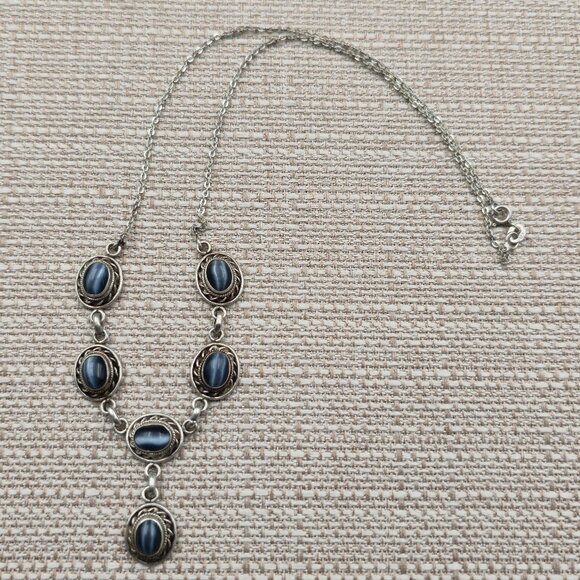 Jewelry - 18 Inch Sterling Silver Cat's Eye Gemstones Rustic Necklace A6405